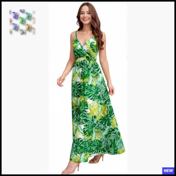 Boho Maxi Dress Floral V-Neck Spaghetti Strap Summer Beach Casual Elegant - Picture 2 of 6